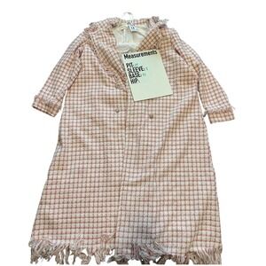 Pink White Plaid Tweed Fringe Duster Coat Jacket Women's 2XL